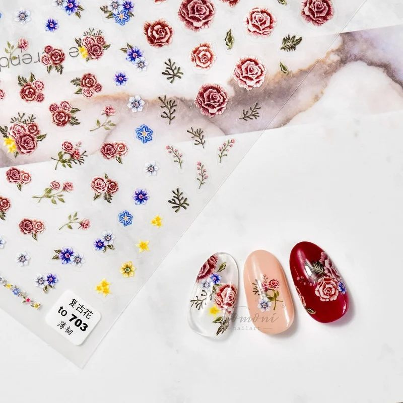 

2021 Japanese Cute Retro Flowers Nail Art Stickers 5D Engraved Charm Nail Art Glue Nail Art Decoration Self Adhesive Nail Patch