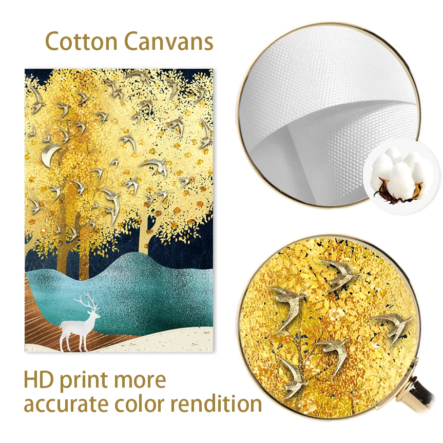 

Modern Canvas Painting Poster Print Golden Leaf Fly Bird Bailu Picture Wall Art Nordic Abstract Posters for Living Room