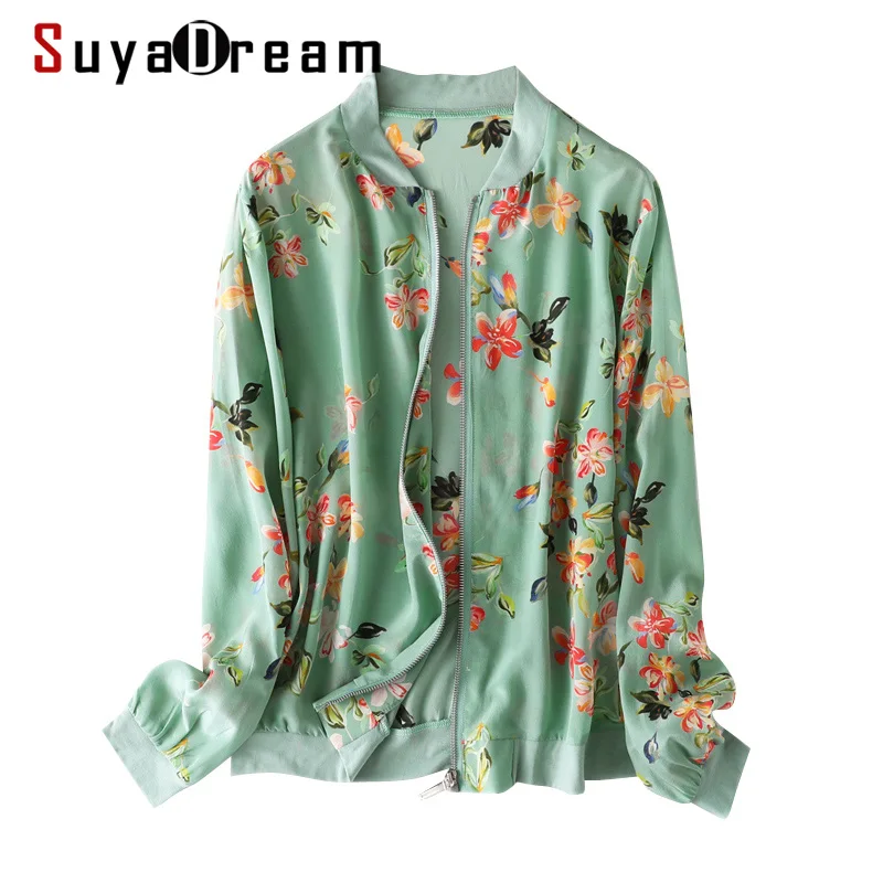 SuyaDream женские шелковые куртки из 100% шелка с цветочным принтом на молнии толстовки