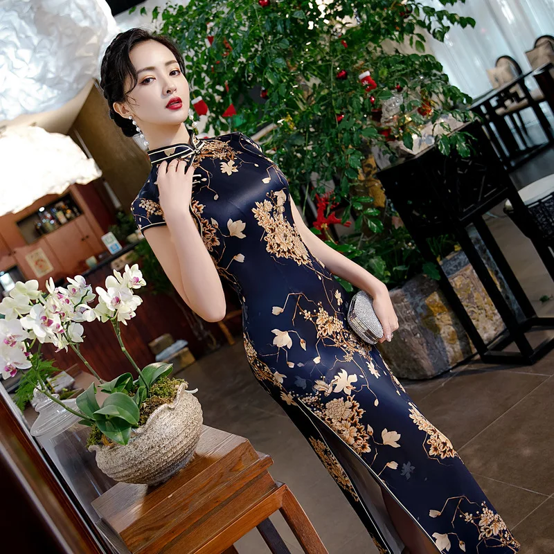 

New Silk Long Sleeve Spring And Summer Daily Double Cheongsam Dress Improved Slim Show Etiquette Skirt Classic Modern Qipao