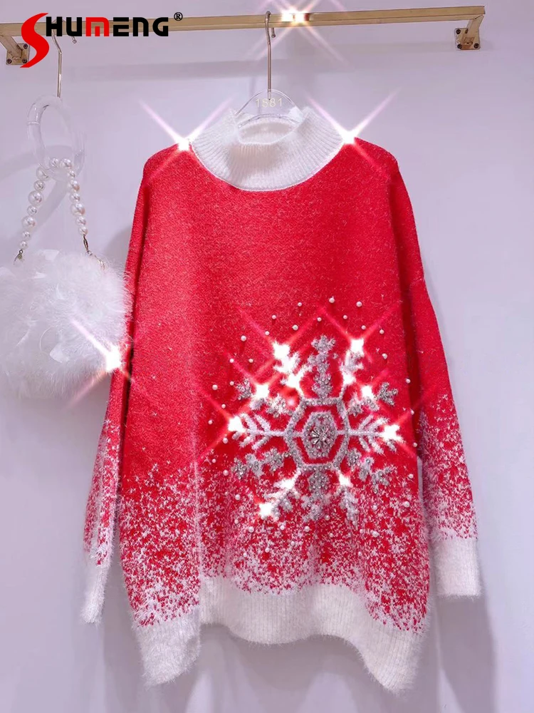 

Новинка Зима 2021, женский модный милый пуловер, свитер, женский корейский милый изысканный утепленный вязаный Топ Стразы со снежинками