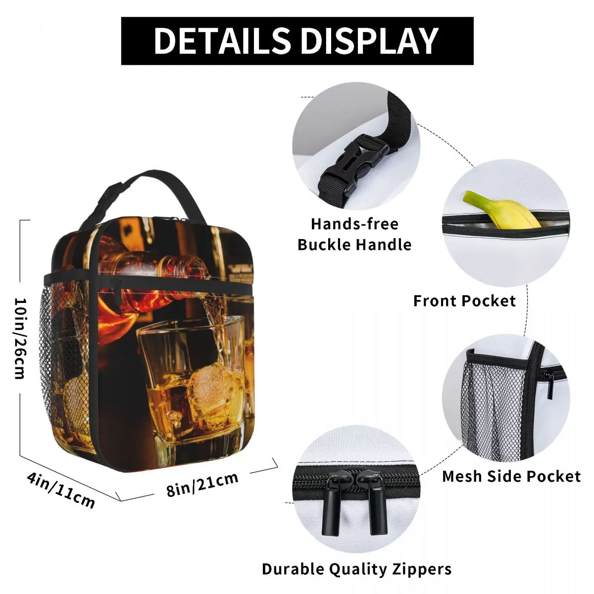 

Whisky In A Glass Lunch Bag for Women Men Large Insulated Lunch Box with Water Bottle Holder and Pockets