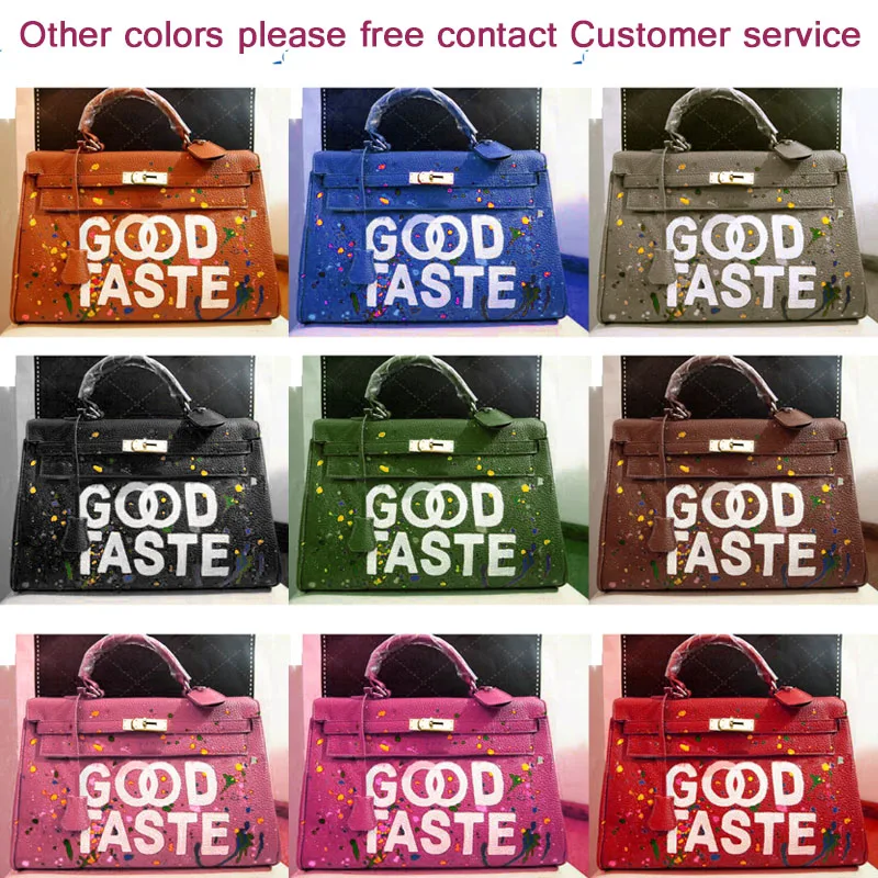 

Painted Letters words Good Taste Handmake painted Womens Genuine Leather Vintage Women Hand Bag Designers Luxury Handbags