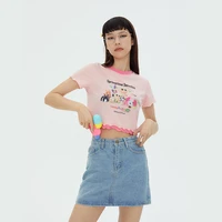 cute pink y2k aesthetic crop top t shirt for women kawaii girls vintage 2000s contrast color short sleeve cropped y2k cotton tee