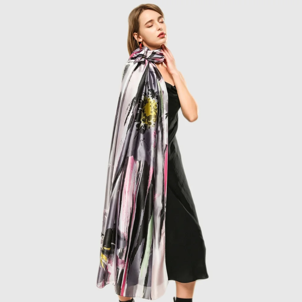 Bright Flower Design Silk Scarf Large Print Foulard Female Soft Shawl Wrap Autumn Protection [3397] |