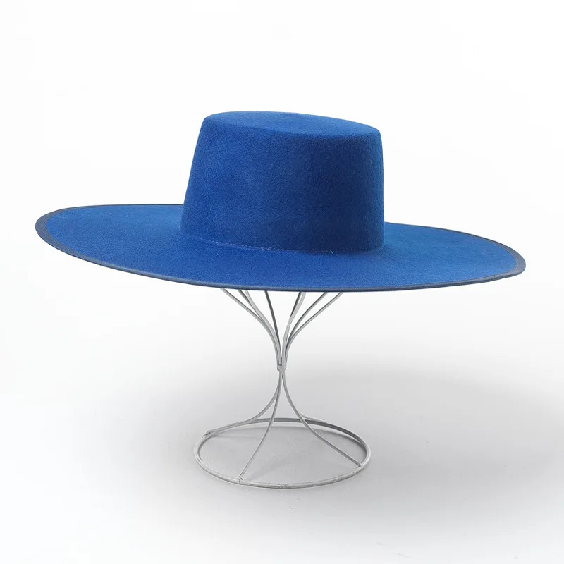 Neue Blau Echt Wolle Flache Fedora Hut Männer Wome einfarbig Große Breite Krempe Fühlte Hut Derby Party Kirche Hut einstellbare Panama Jazz Hut – Detail 6