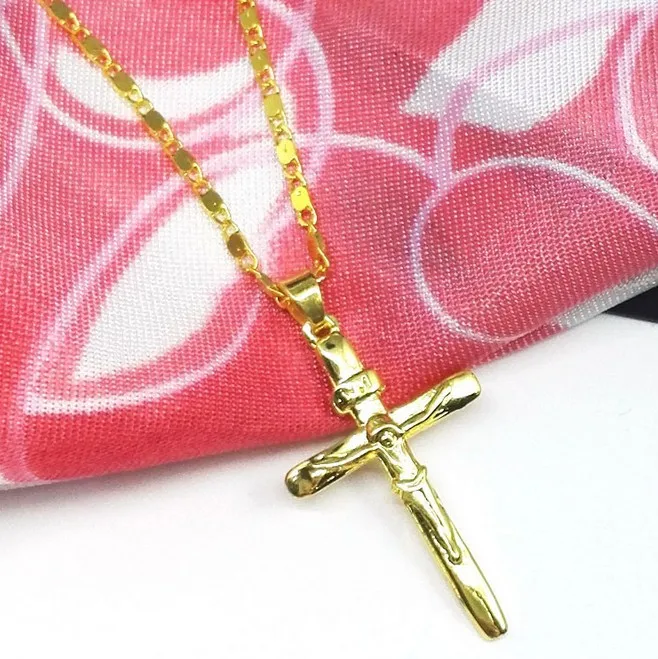 

Jesus Long Cross Pendant 24k Yellow Gold Necklace for Women 2021 Vintage Style Men's Neck Chains Religious Jewelry Wholesale