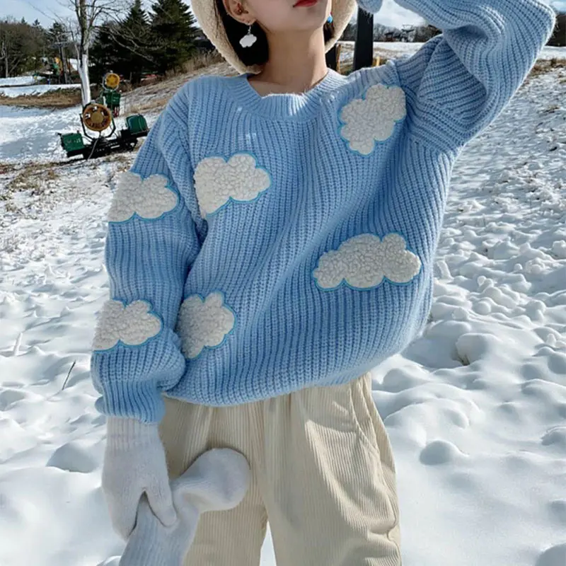 

Women's Cozy Clouds Sweater Cute Cartoon Long Sleeve Crew Neck Pullover Jumper Fall Winter Knit Tops /