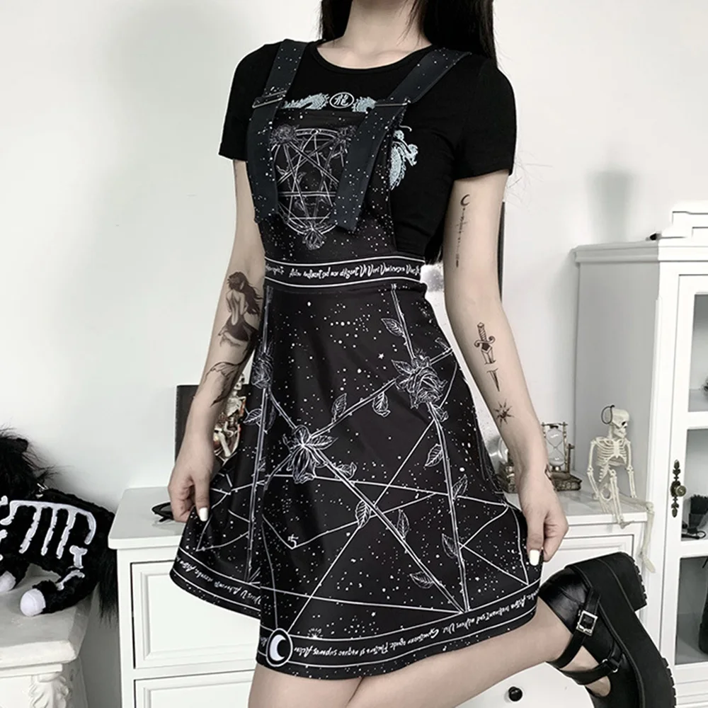 Женское мини-платье на подтяжках Rosetic черное темно-панк повседневное короткое