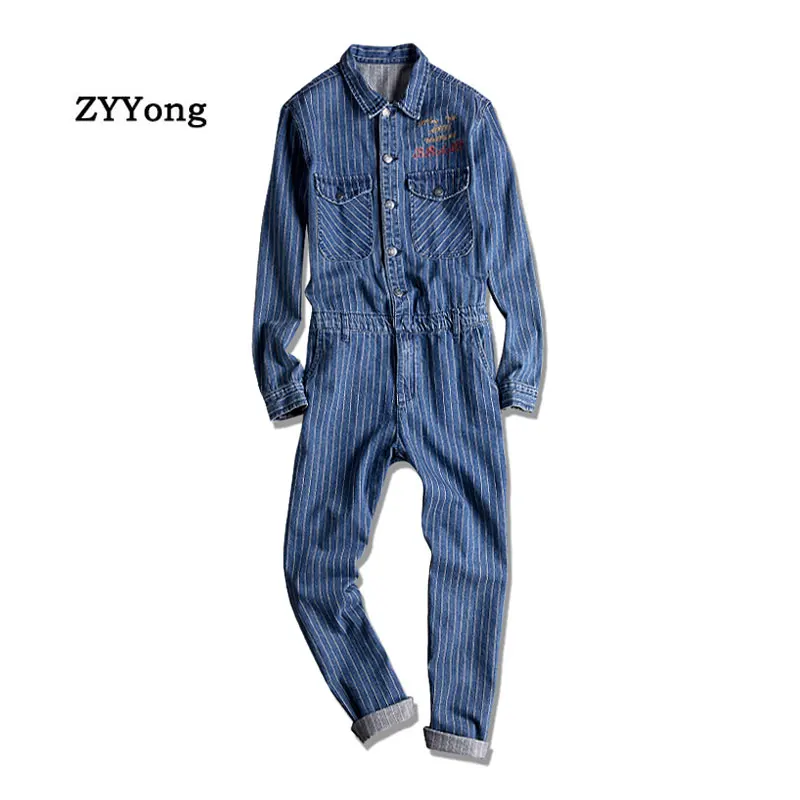 

Джинсовый комбинезон мужской, синий, в полоску, с длинным рукавом