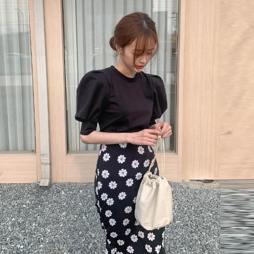 Женская Шифоновая Юбка-миди с высокой талией и буффами на рукавах |