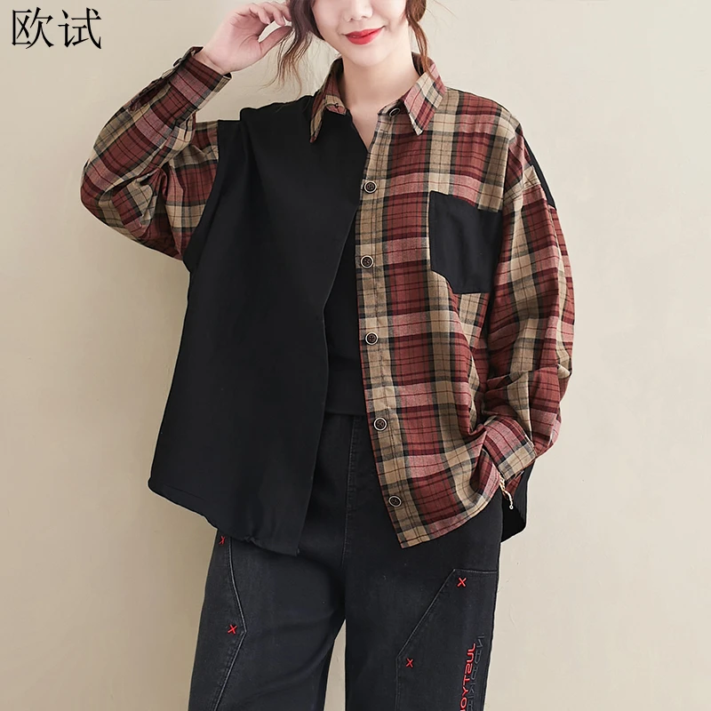 

Женская клетчатая рубашка в Корейском стиле на лето и весну, женская одежда, повседневные рубашки для женщин, Новое поступление, модная руба...