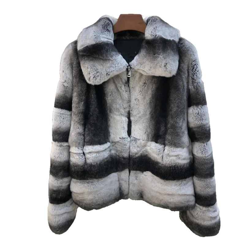 New Winter Whole Skin Real Rex Rabbit Fur Coat Women Turn-down Collar Natural Fur Coat Chinchilla Rabbit Jackets Genuine