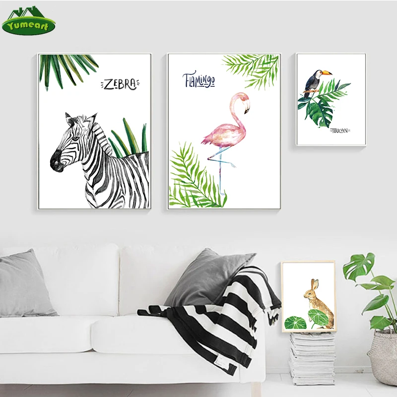 Кролик Зебра Фламинго Тукан холст художественный постер лесной малыш животные