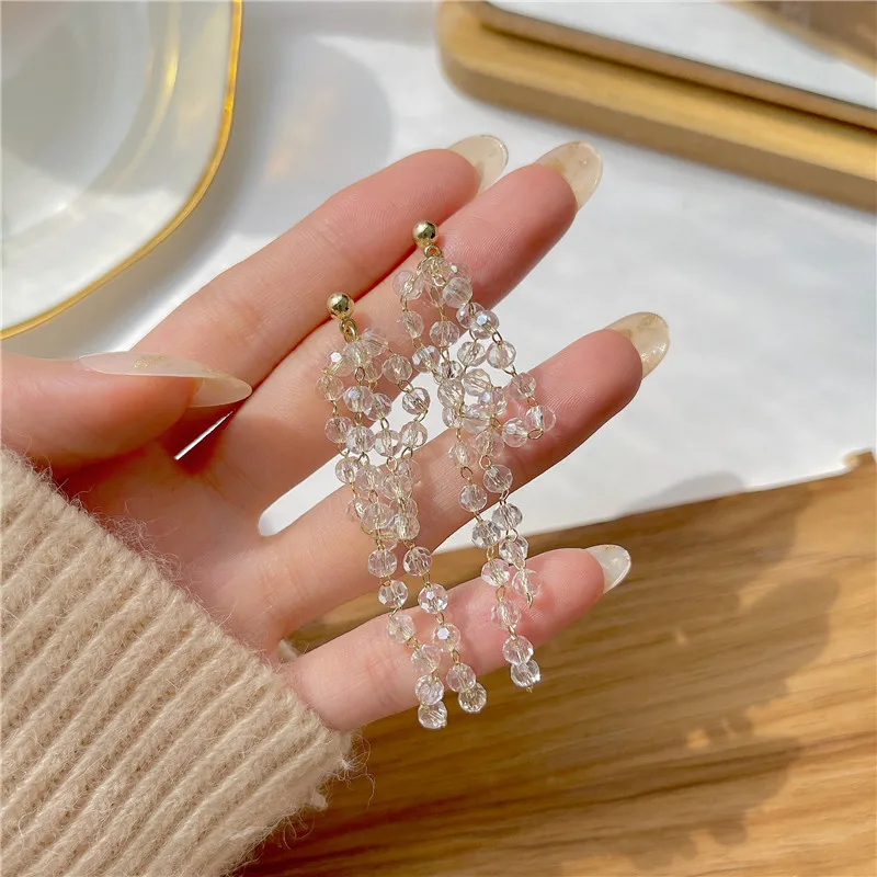 Новый корейский ручной прозрачный кристалл бисер кисточка длинные свисающие