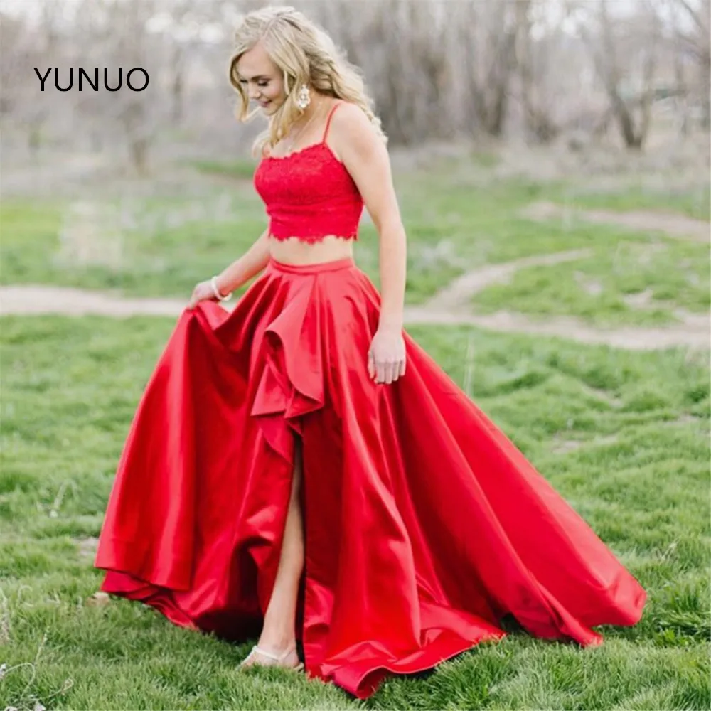 

Кружевные атласные платья YUNUO из двух частей для выпускного вечера, платья на бретелях спагетти, вечернее платье с Боковым Разрезом, длинные...