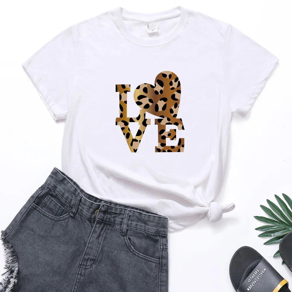 

Women 2021 Cartoon Leopard print LOVE Summer Print Lady T-shirts Top T Shirt Ladies Womens Graphic Female Tee T-Shirt