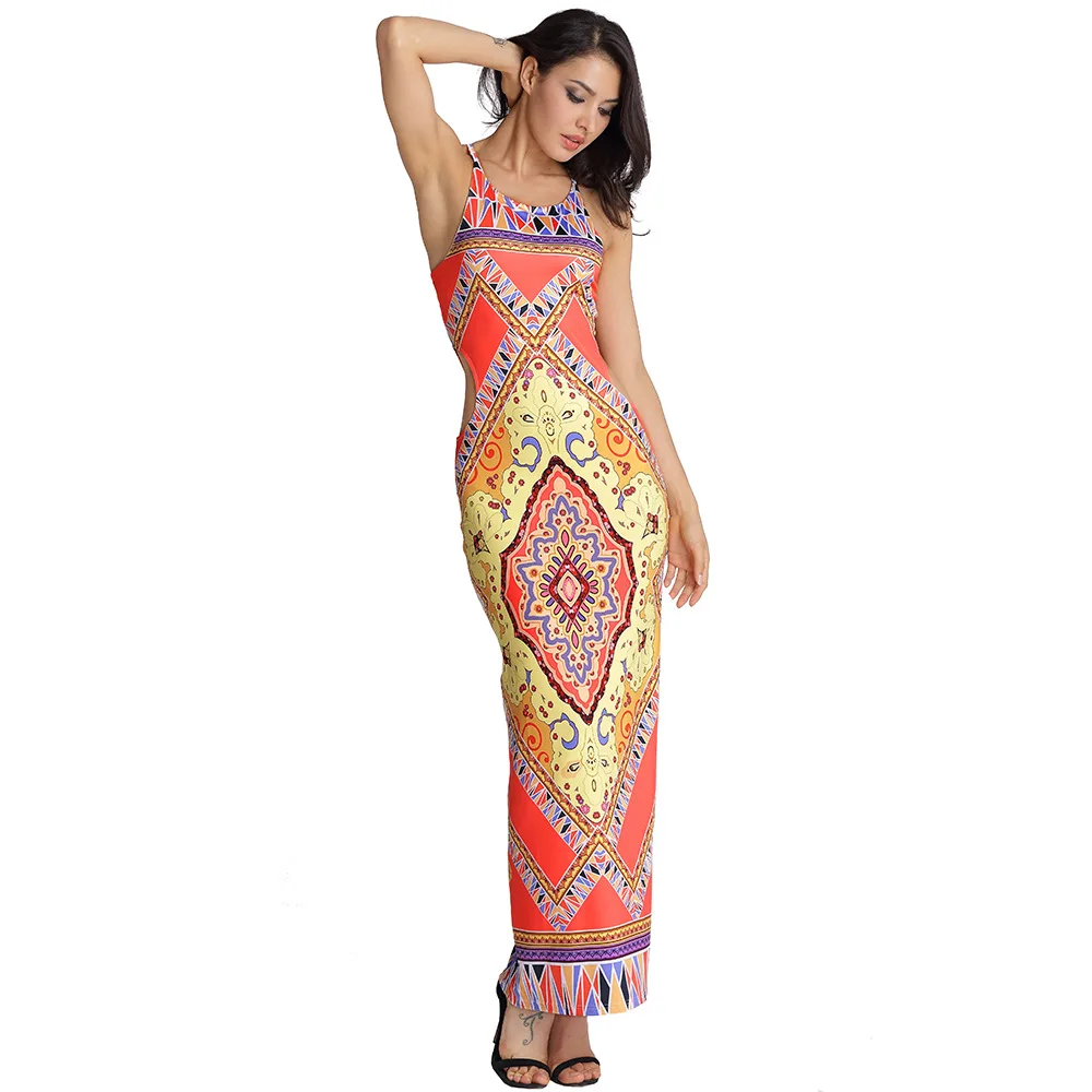 

Europe and America Women Clothes Totem Printed Condole Belt Naked Back Dress Trade Sexy Waist Hollow Out Spaghetti Strap