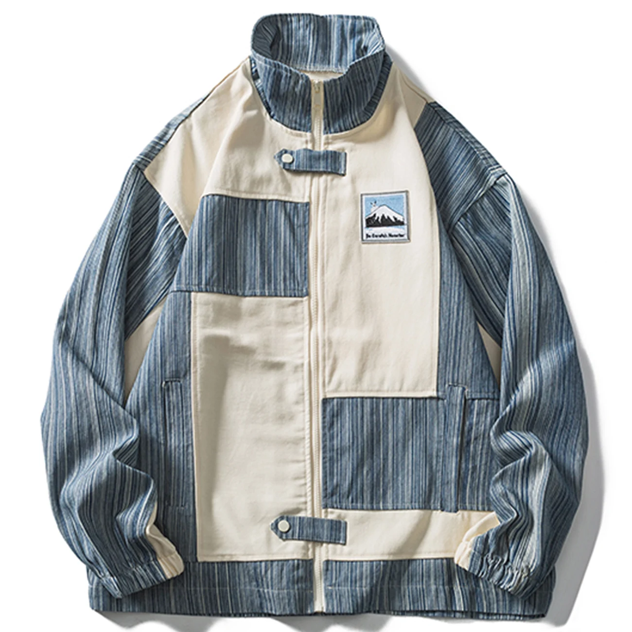 

LACIBLE Men Harajuku Hip Hop Zipper Denim Jacket Streetwear Retro Color Block Patchwork Jacket 2021 Autumn Vintage Jacket Coat