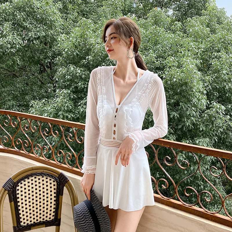 

New 2021 Japan South Korea One Piece Long Sleeve Swimsuit Women Black White Colors Young Girl Hot Spring Swimwear Yarn Skirt