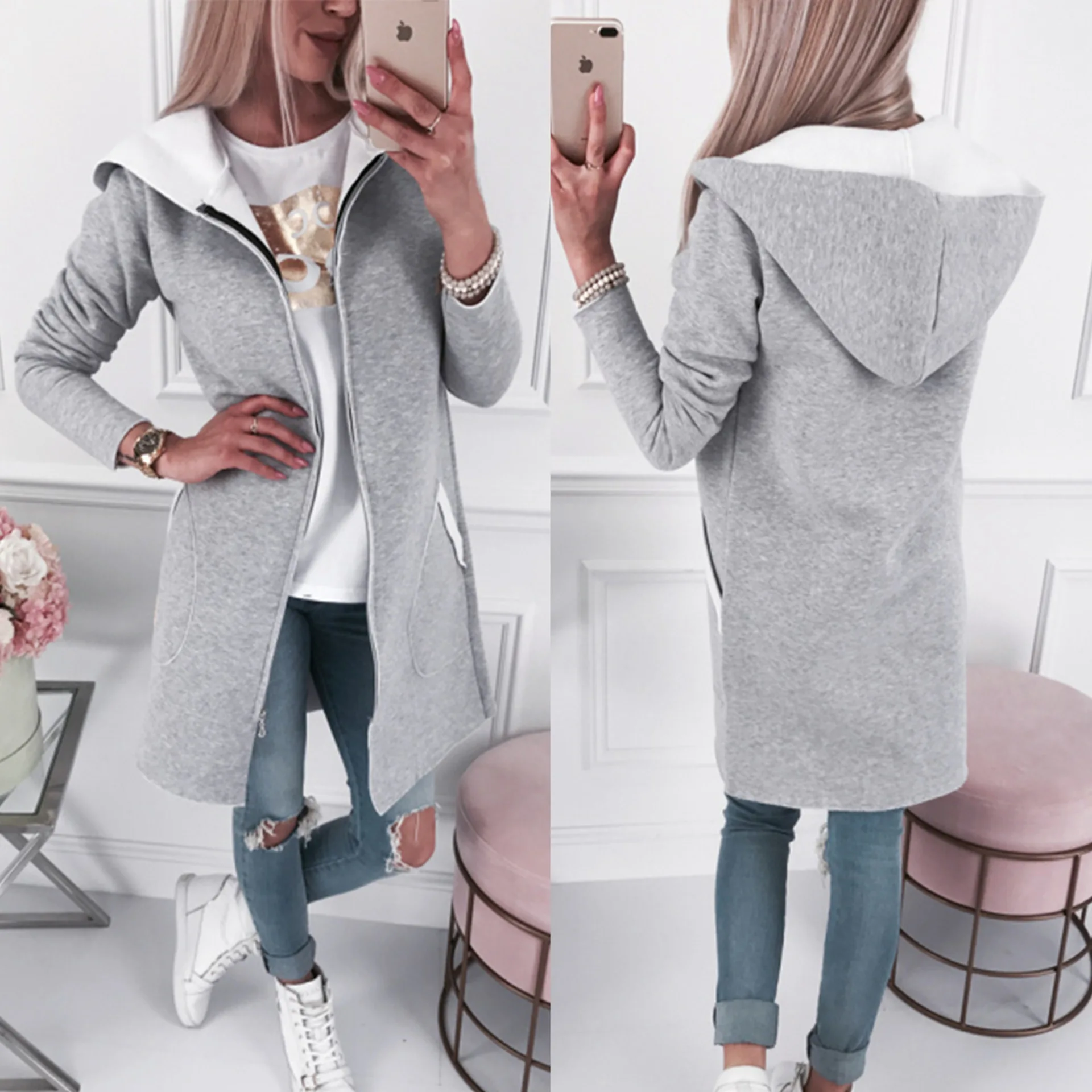 Женские куртки и пальто на молнии серые свободные с длинным рукавом 2019|Женские
