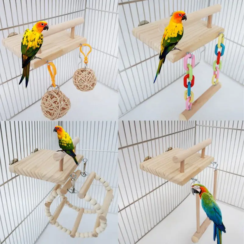 

Wooden Bird Perches Cage Toys Hamster Play Gym Stand with Wood Swing Rattan Ball