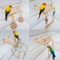 wooden bird perches cage toys hamster play gym stand with wood swing rattan ball