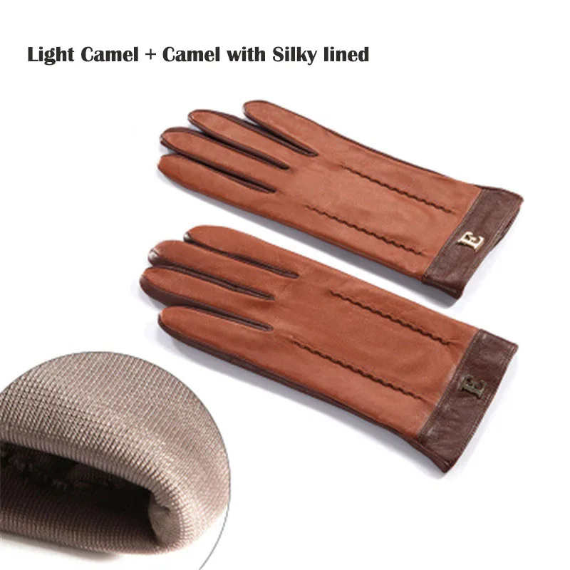 light camel silky Женские перчатки из натуральной кожи; сезон осень-зима; теплые плюшевые модные Лоскутные женские перчатки из овечьей кожи; ; TE3326 - Цвет: light camel silky