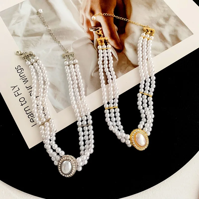 

SRCOI Trendy Multilayers Imitation Pearl Necklace Vintage Palace Style Temperament Rhinestone Choker Women Party Jewelry Gift
