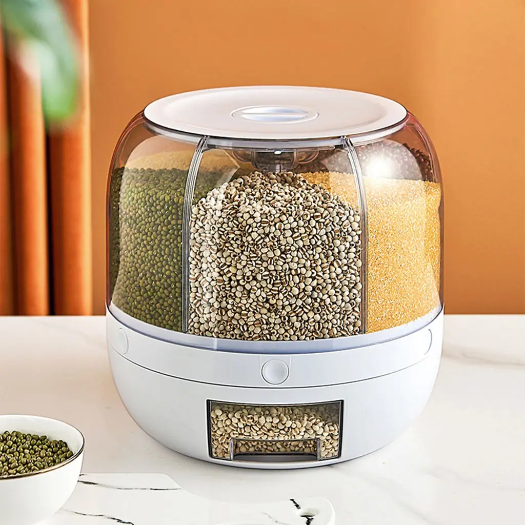 

Rice Dispenser Countertop Food Storage Container Case Tank 6 Grids Rotating