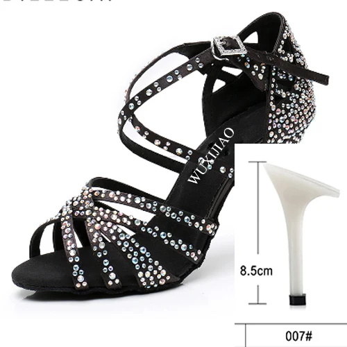 black heel 8.5cm WUXIJIAO Женская танцевальная обувь для вечеринки Атласная блестящая обувь для латинских танцев с мягкой подошвой и стразами Женская обувь для сальсы heel5CM-10CM - Цвет: black heel 8.5cm