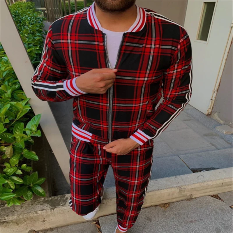 

New fashion men's sportswear suit, European and American trend 3d printing lattice zipper slimming casual fashion sportswear