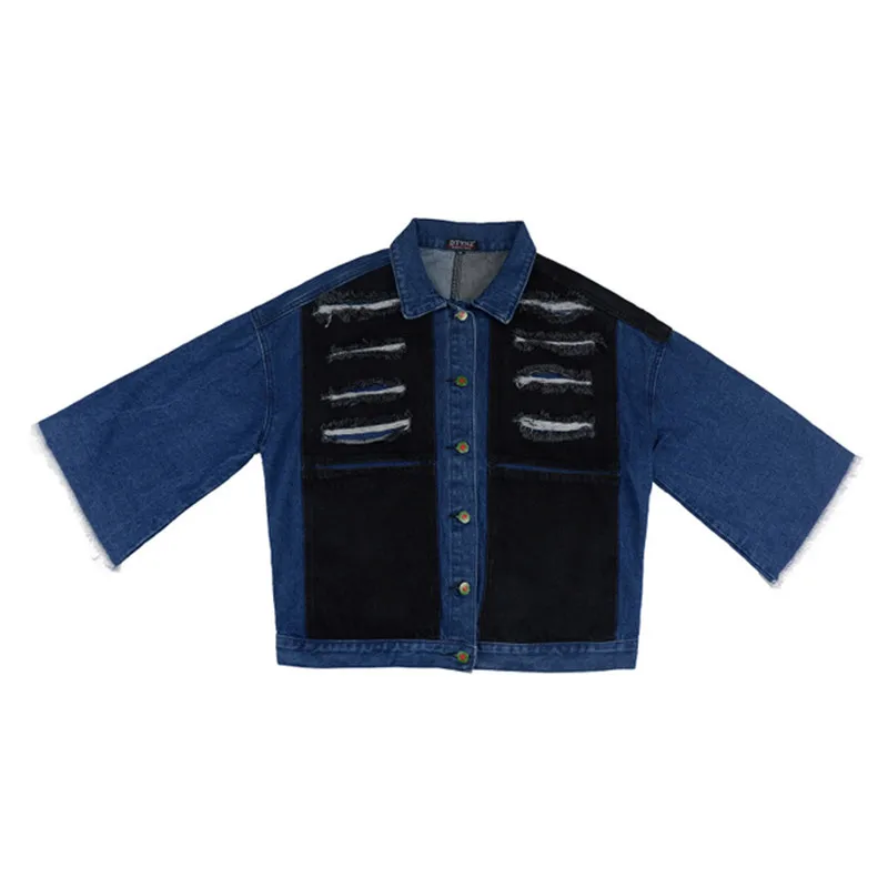 

Patchwork jean jacket spring autumn loose hole outwear oversized hip hop women's denim jacket cotton streetwear denim coat women