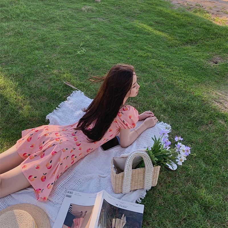 

DANG Pink Elegant Kawaii Dress Women Floral Print Cherry Mini Dress Female Casual Sweet Japan Korean Style Summer Dress 2021