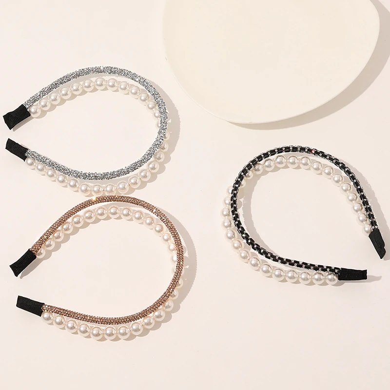 

2021 New Pearl Crystal Hair Hoop Double-Layer Headband Shiny Elegant Baroque Hairbands Bridal Party Headband Hair Accessories