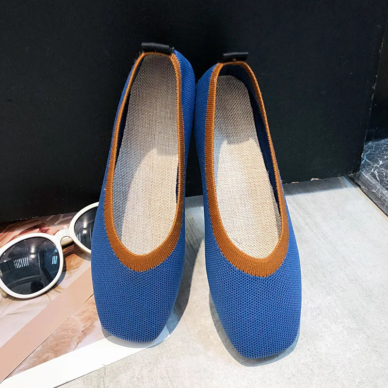 2020 Женская квадратная голова Flache Schuhe Atmungs Stricken Spitze Mischfarbe frauen Weiche Frauen Zapato de|Обувь