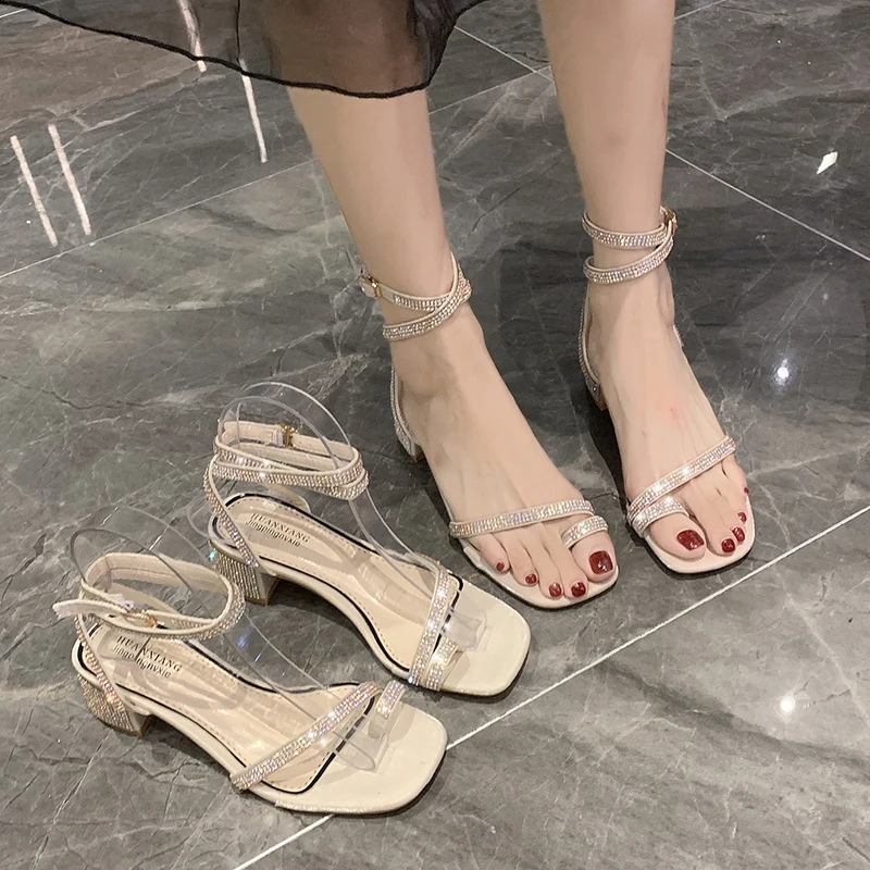

2021 Sandals All-Match Clear Heels Buckle Strap Female Shoe Med Open Toe New Girls Medium Gladiator Fashion Comfort Rhinestone P