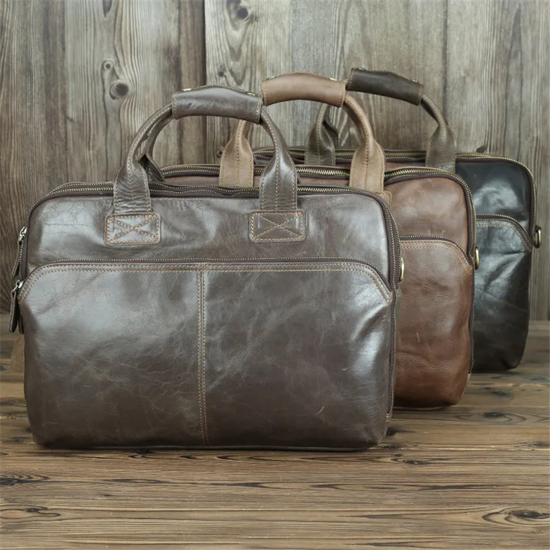 

Nesitu High Quality Vintage A4 Brown Grey Genuine Leather Office 14'' Laptop Men Briefcase Portfolio Business Messenger Bags M7