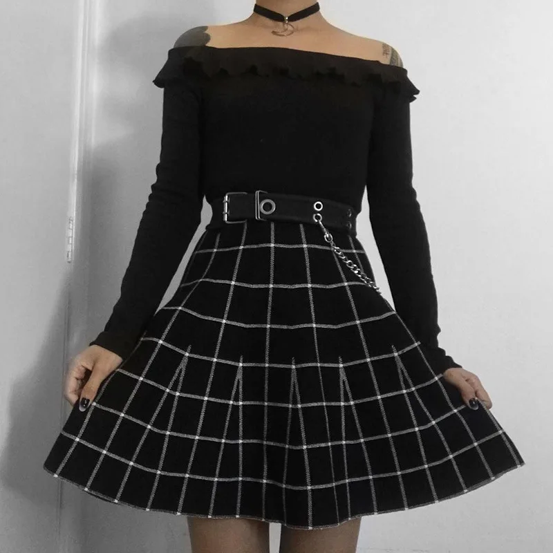 

Summer Autumn Fashion Cute Slim Big Plaid Patchwork Stitching High Waist SML Black Woman Casual Skirt Lady A-line Skirt