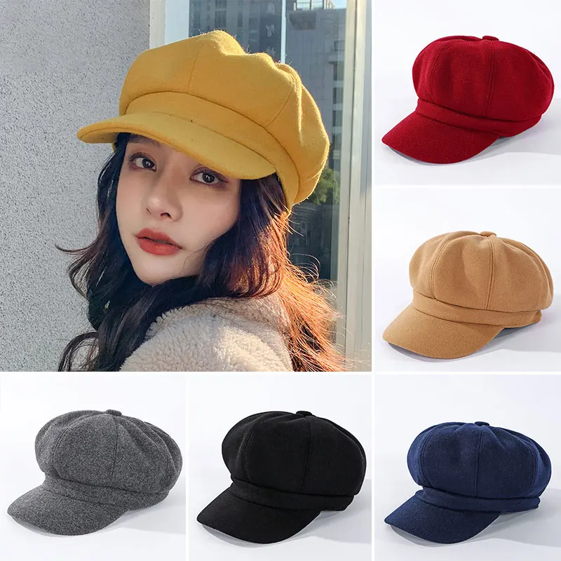 

Fashion Women Wool Cotton Blend Berets Winter Autumn Octagonal Caps Stylish Artist Painter Newsboy Hats Black Grey Beret Hats