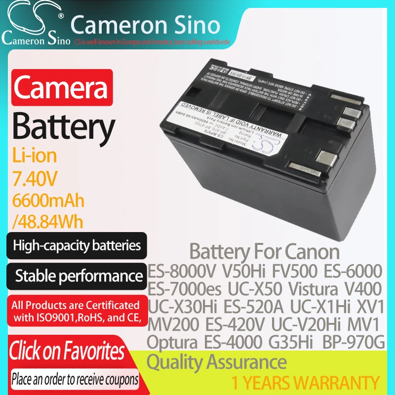 

CameronSino Battery for Canon ES-8000V V50Hi FV500 ES-7000es UC-X50 Vistura ES-6000 UC-X30Hi fits Canon BP-970G camera battery