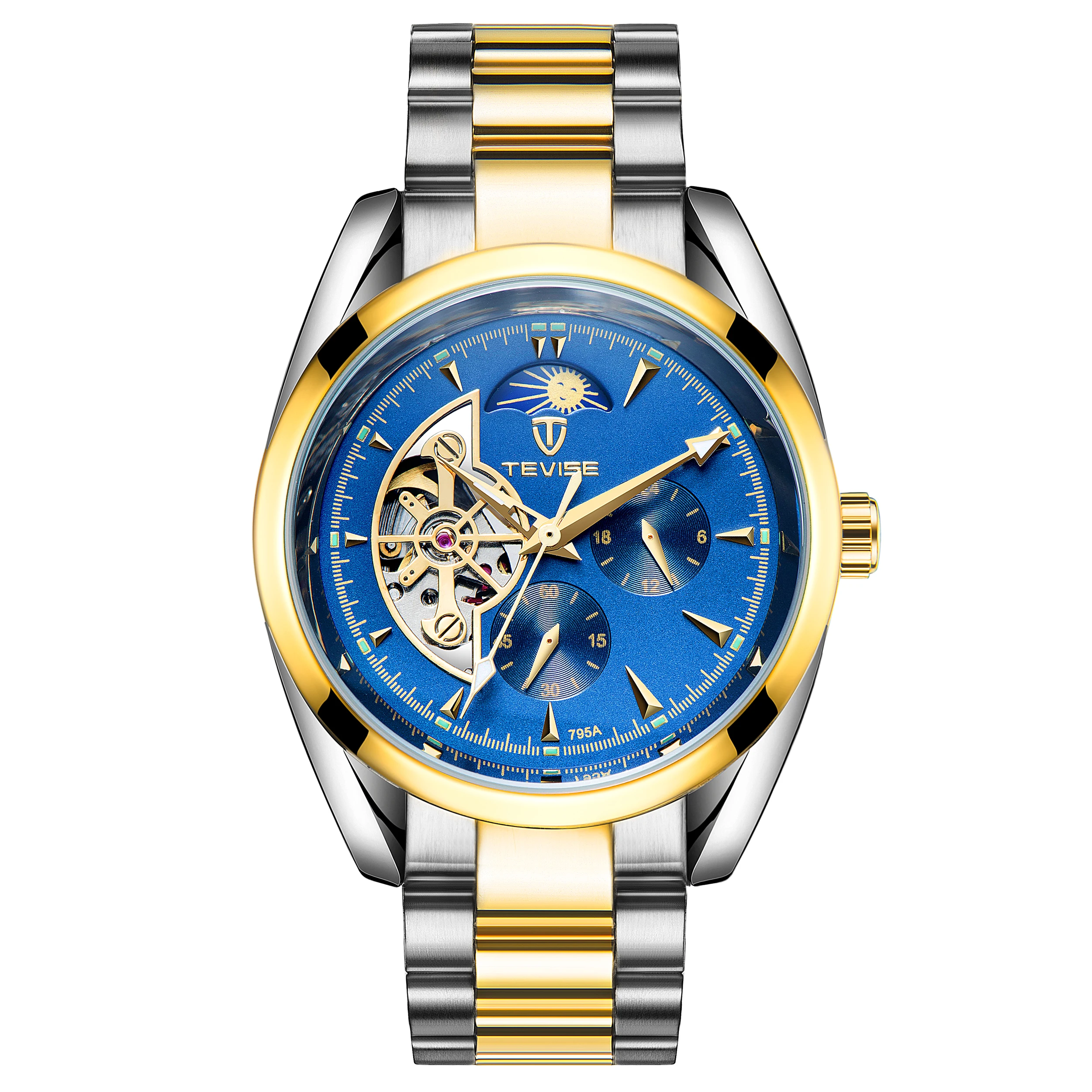 

TEVISE Watch Men's Automatic Mechanical Watch Moon Phase Steel Band Waterproof Hollow Men's Watch