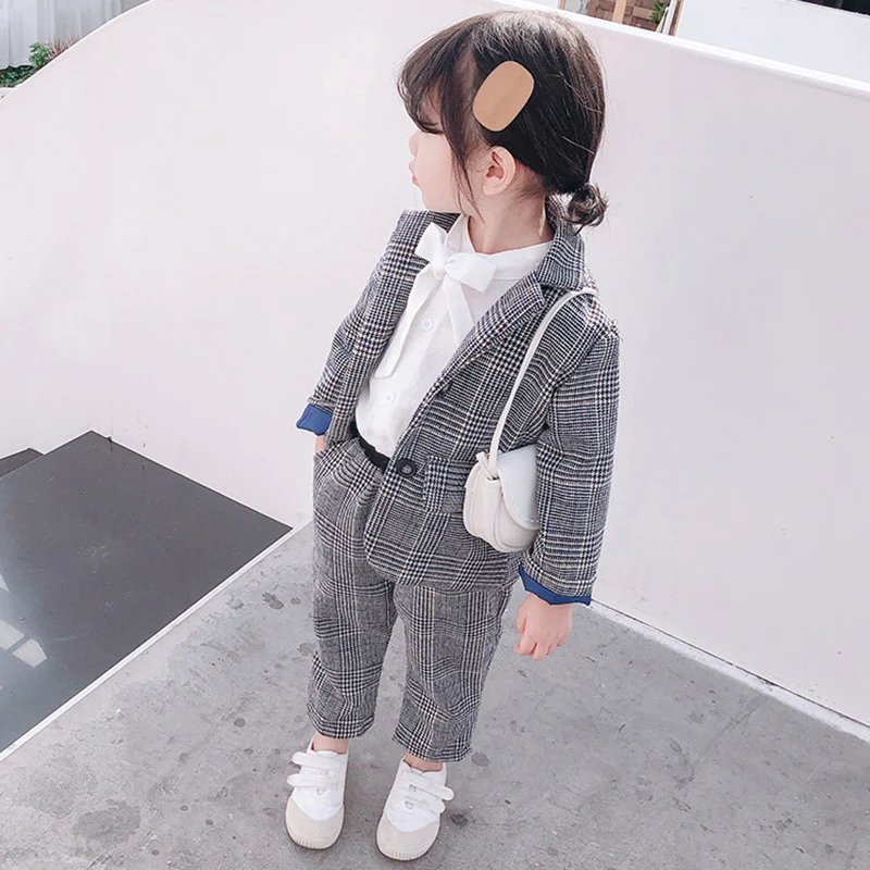 Комплект одежды для девочек новинка модная клетчатая одежда с узором верхняя +