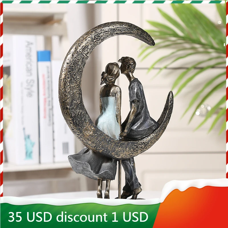 

Romantic Moonlight Couple Statue Resin Date Lovers Sculpture Household Ornament Craft Valentine's Day Gift for Wedding Decor