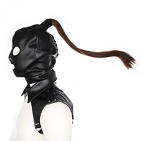 wansheng festival slave accessories leather bondage mask hood with hair head chest belt collar headgear adult sex toys