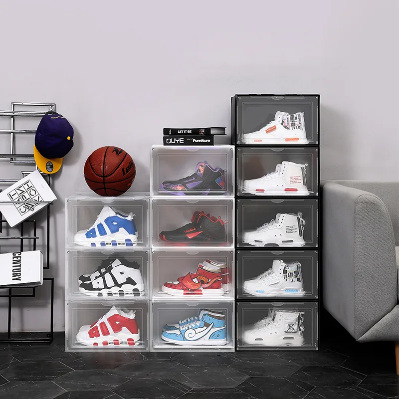 

4PCS New Basketball Shoes Box Plastic Transparent Magnetic Door Moisture-Proof And Dust-Proof Household Cosmetics Storage Box