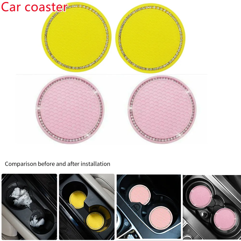 

2pcs Non-slip Car Water Cup Pad Diamond Rhinestone Rubber Mat For Bottle Holder Coaster Auto Interior Anti-skid Cup Holders