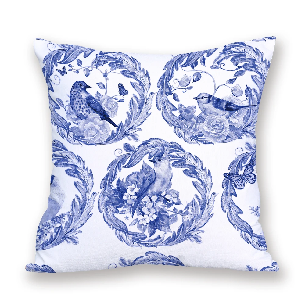 Подушка в китайском стиле синяя и белая фарфоровая печатная на заказ