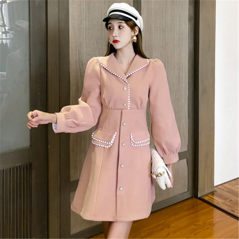 Темпераментное офисное Женское шерстяное платье милое розовое с воротником