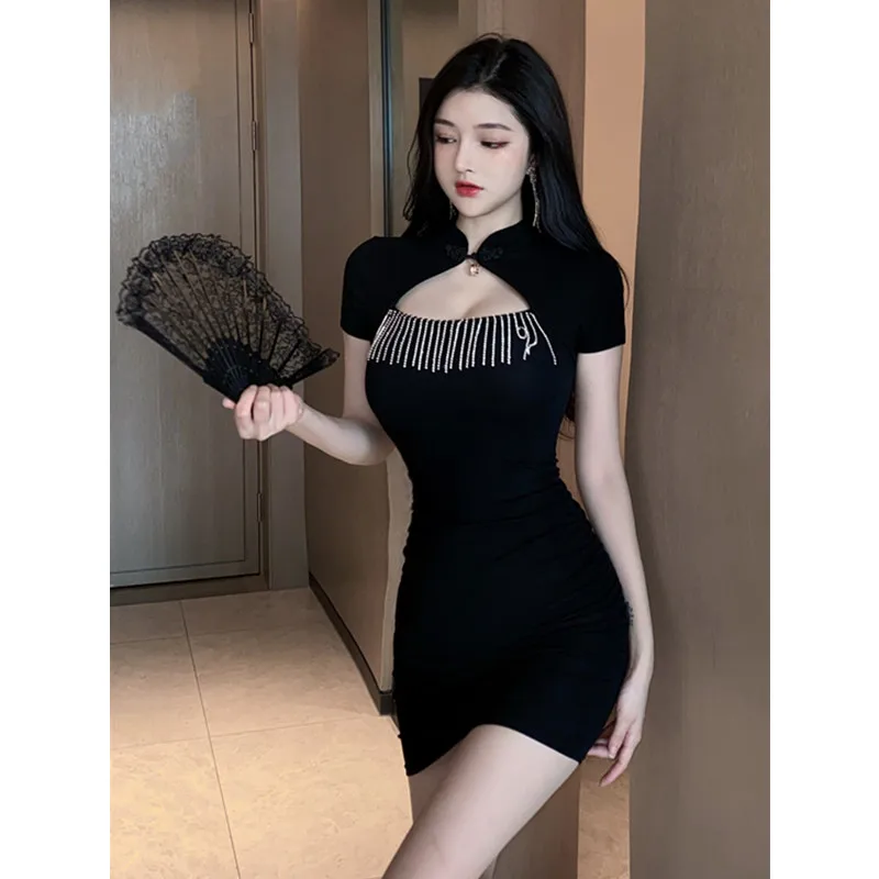 

2021 Summer New Short-Sleeved Solid Color Tassel Sexy Retro Chinese Style Temperament Pleated Dress